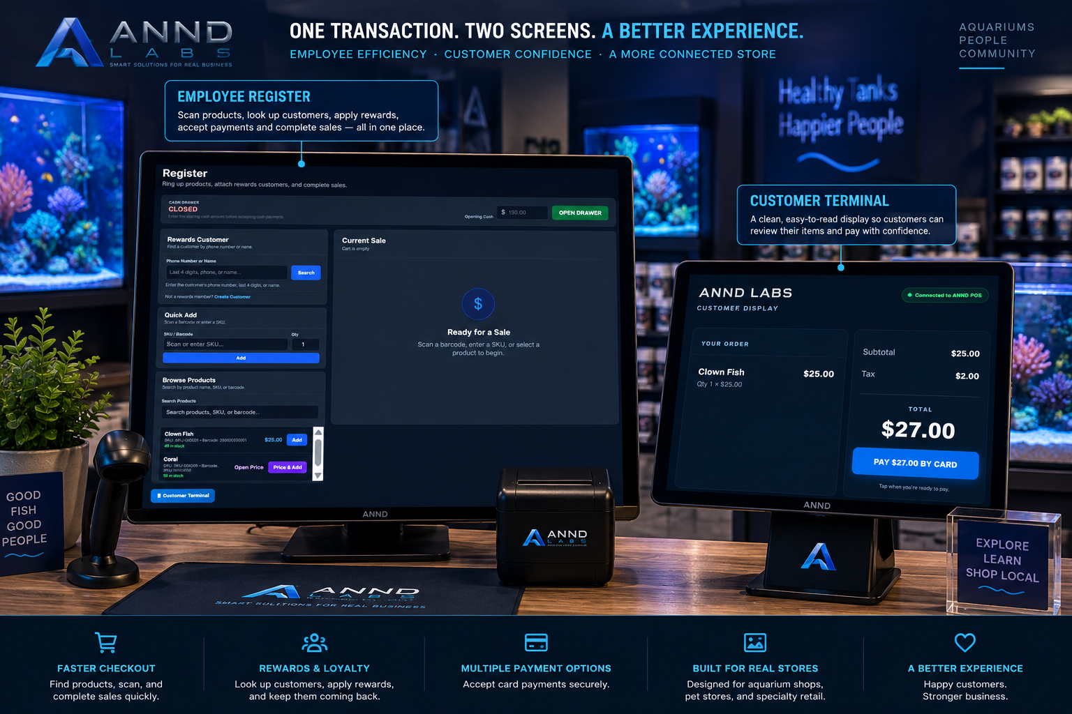 ANND POS employee register on one side of the counter and customer terminal on the other
