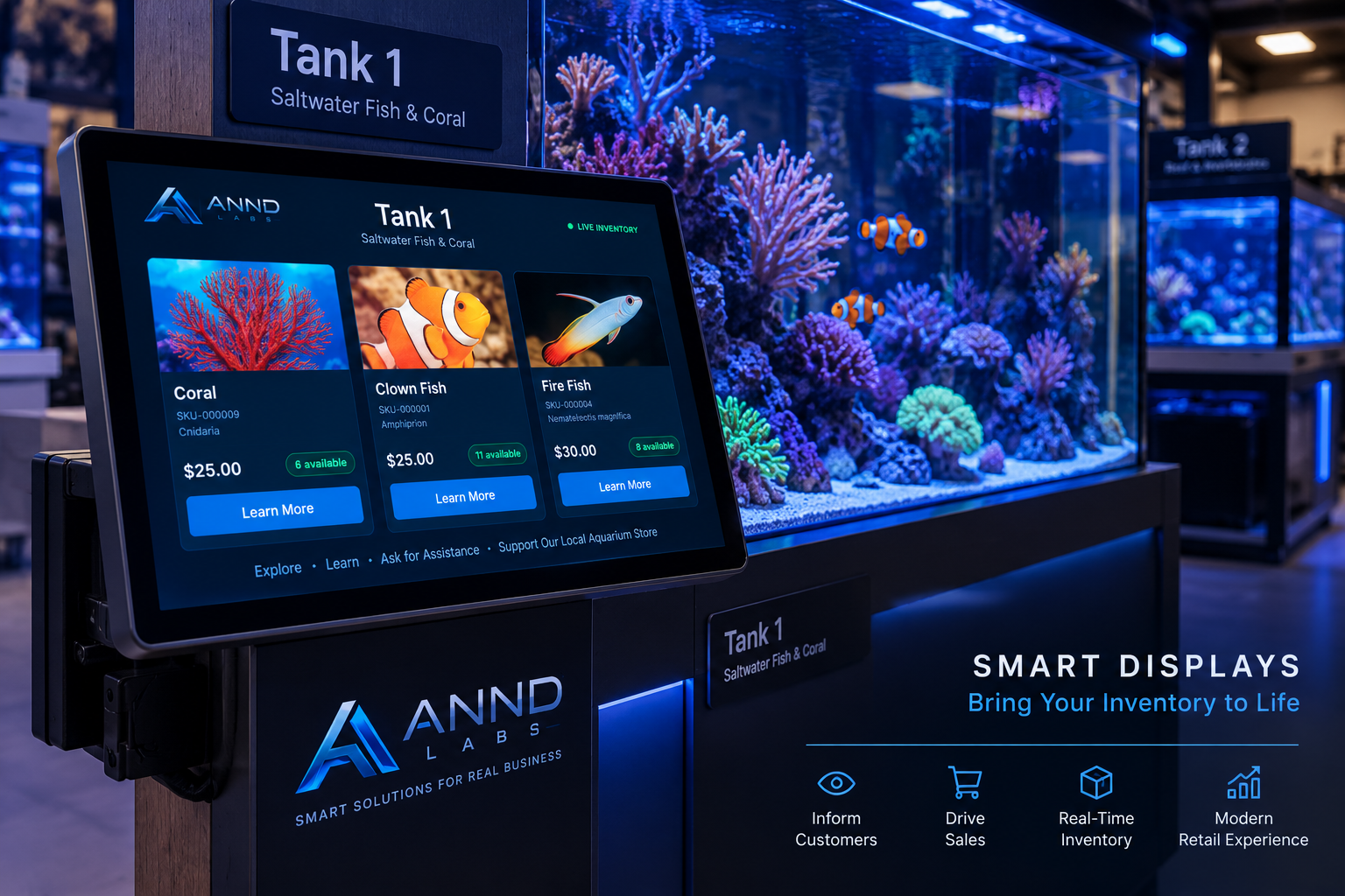 ANND POS smart display mounted beside an aquarium tank